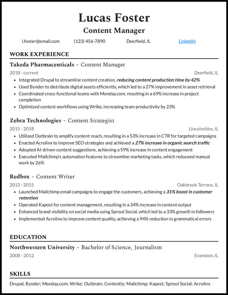 Content manager resume example with 11 years of experience