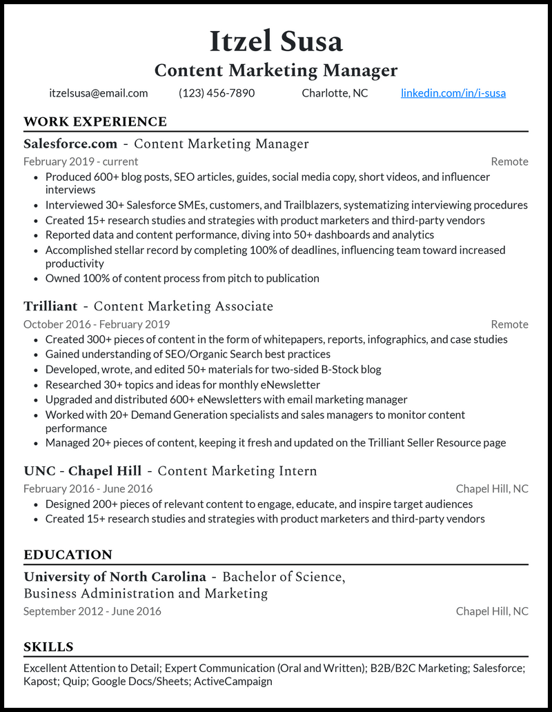 Modern content marketing manager resume example with 8+ years experience