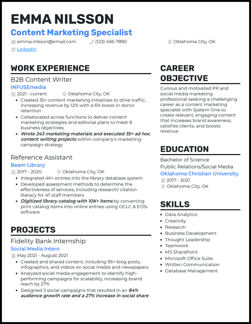 Elegant content marketing specialist resume example