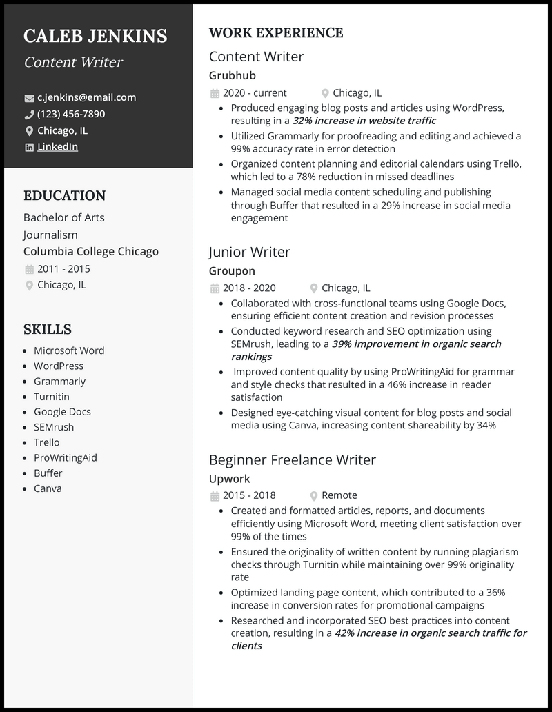 Content writer resume example with 8 years experience