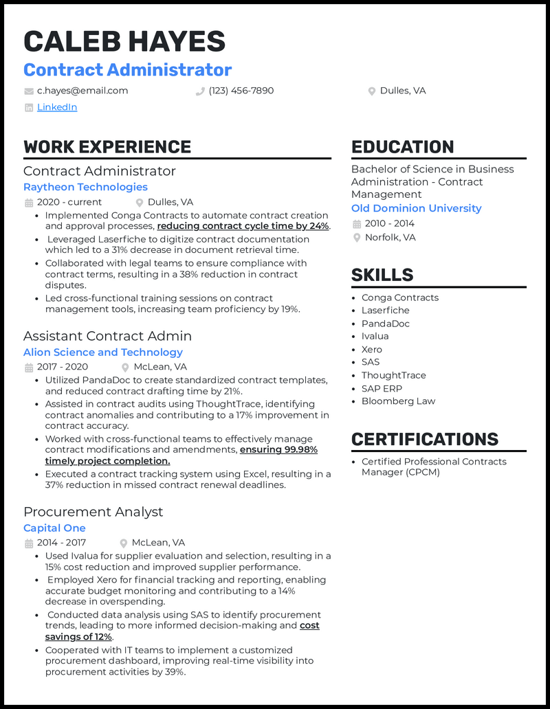 Contract administrator resume example with procurement analyst experience