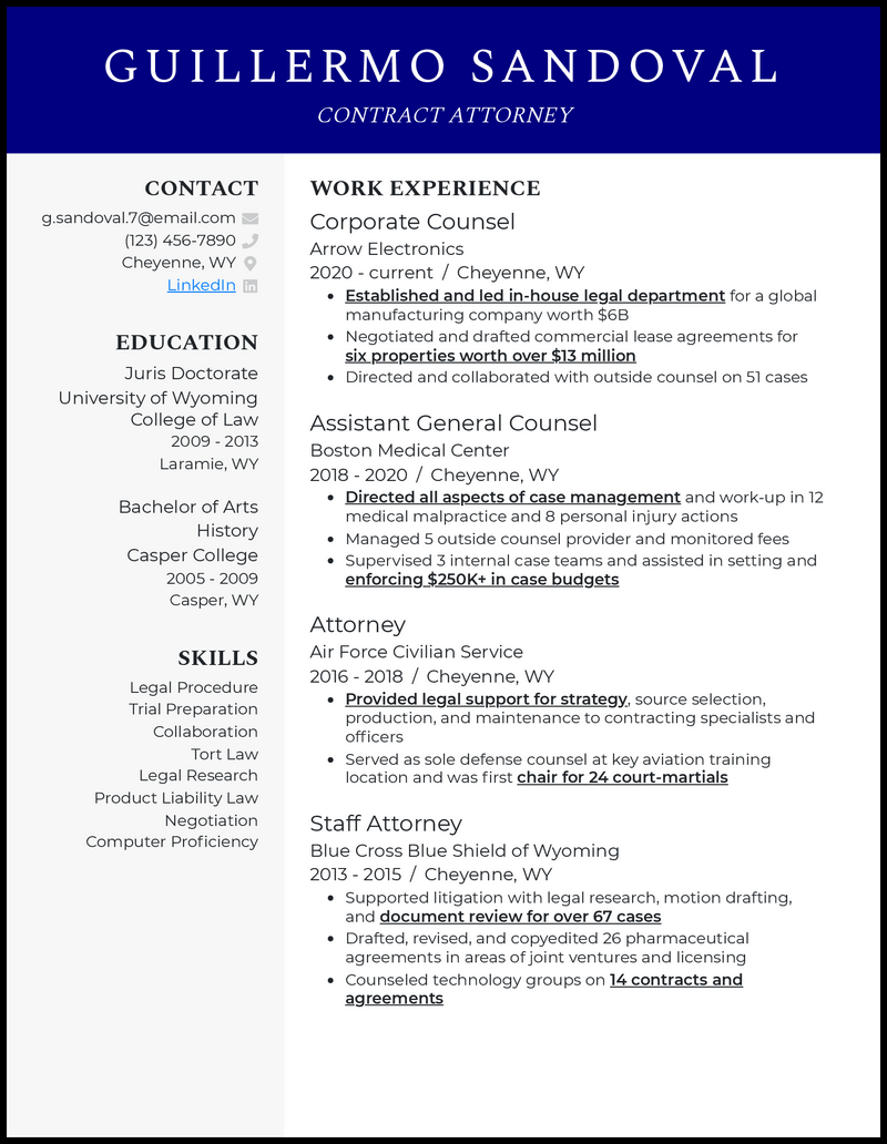 Modern contract attorney resume example