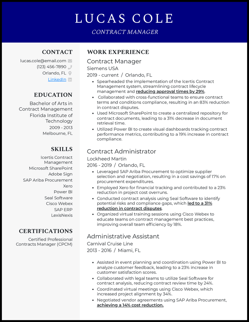 3 Contract Specialist Resume Examples Built for 2024