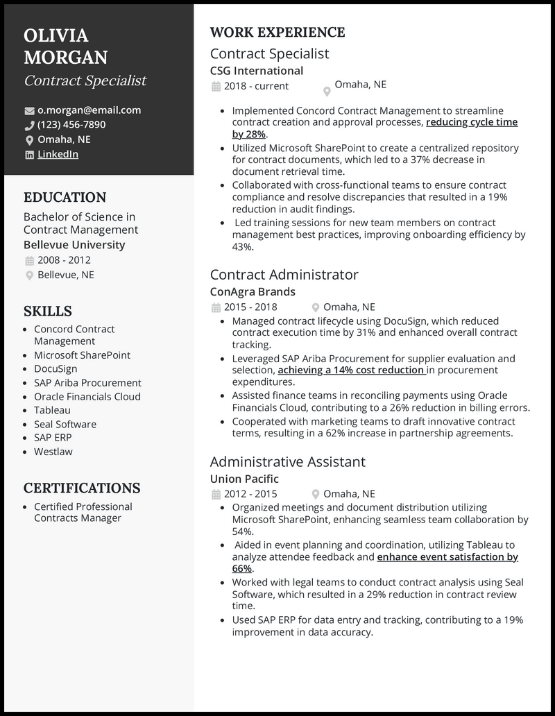 Contract specialist resume example with 8 years experience