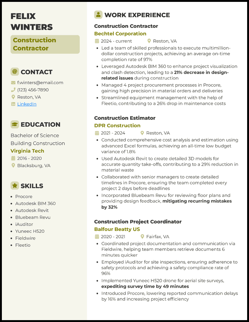 7 Contractor Resume Examples That - Contractor Olive Resume Example 