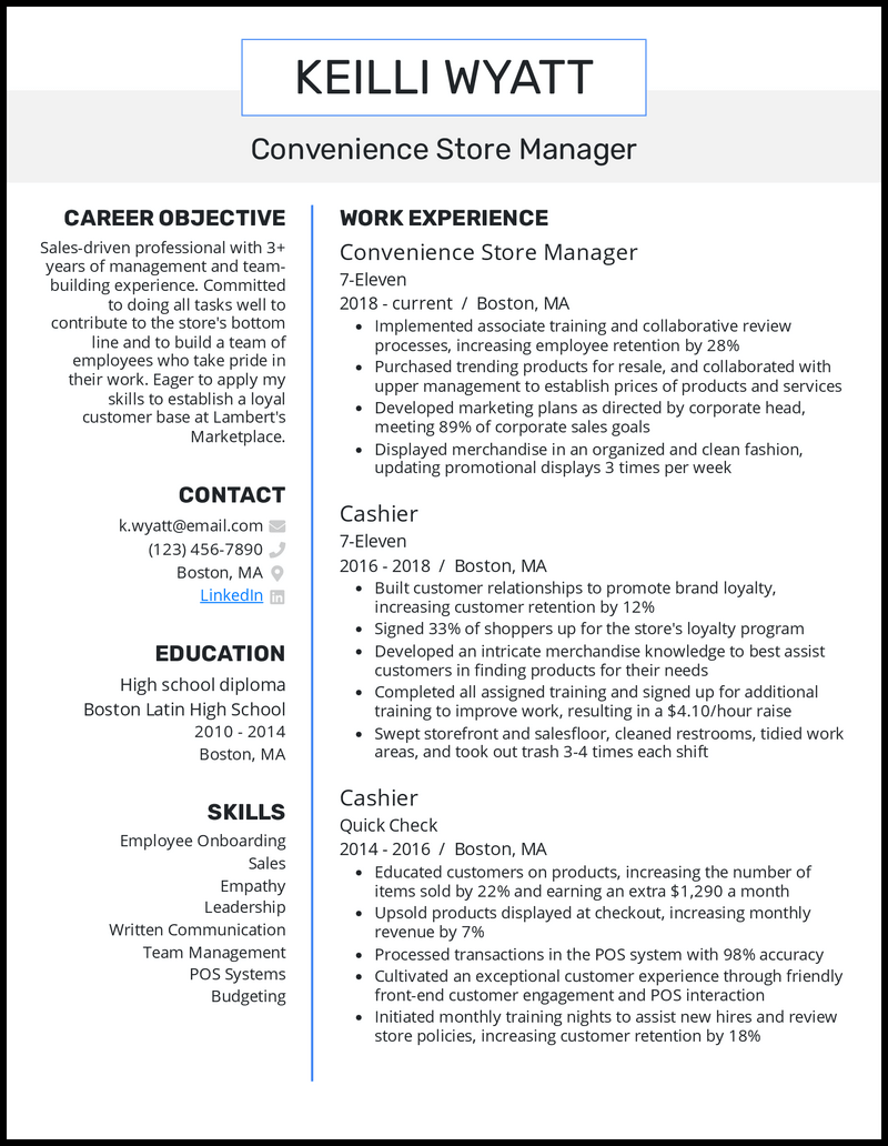 Store Manager Resume Sample