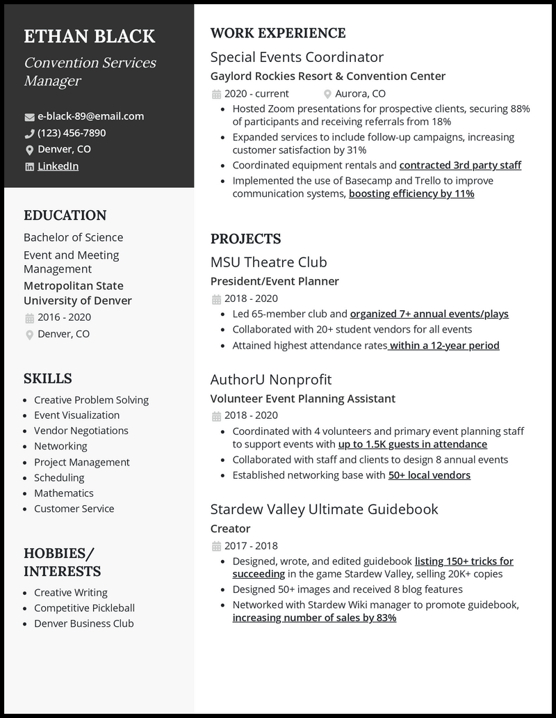 Professional convention services manager resume example with 7+ years experience