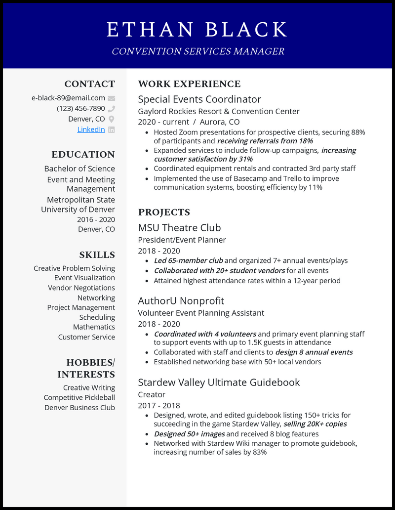 Convention services manager resume example with 7+ years experience