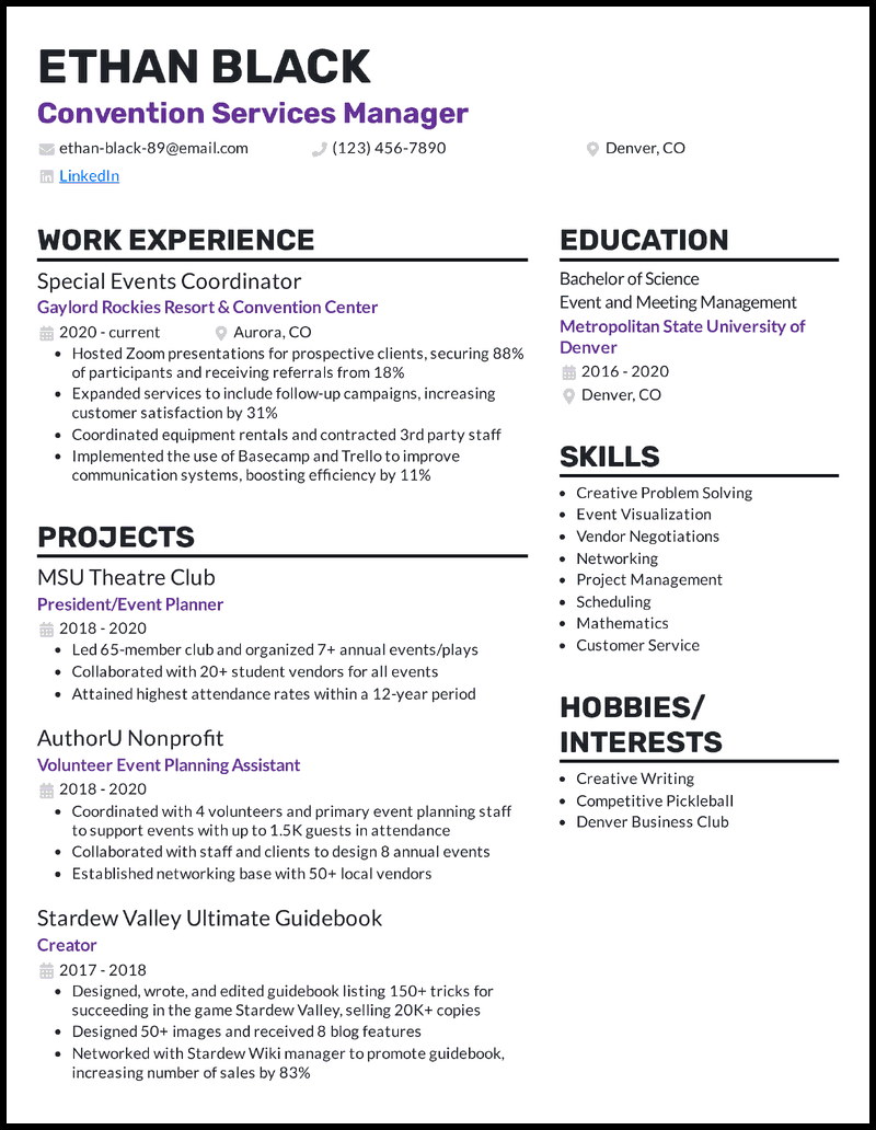 Convention services manager resume example with 3 years of experience