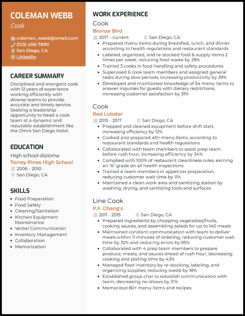 resume for hotel cook