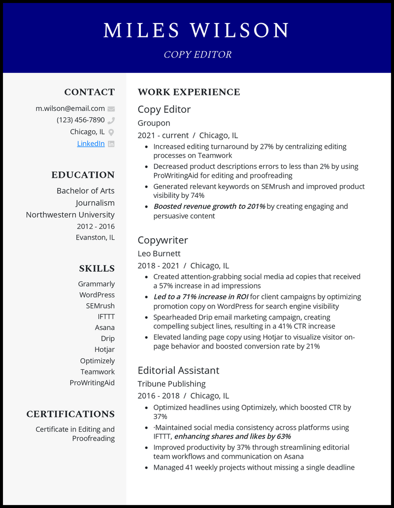 Copy editor resume example with 2 years of experience