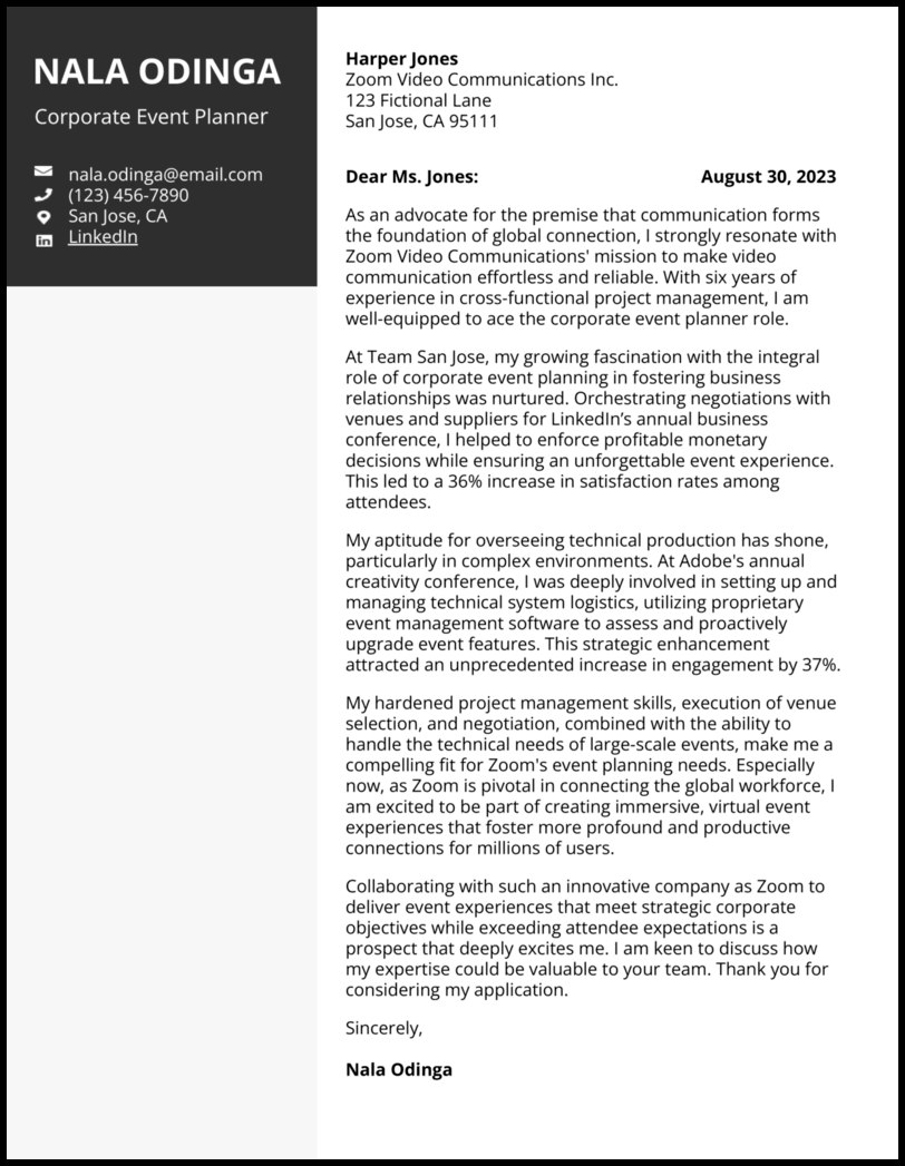 Event Planner Cover Letter Sample
