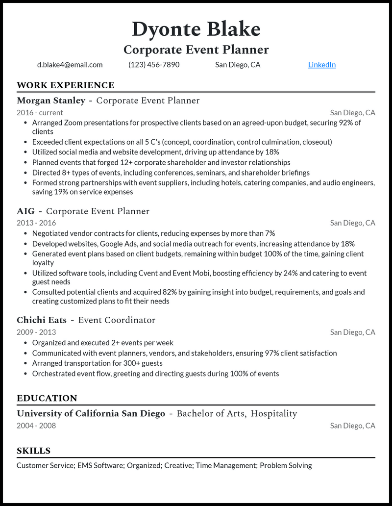 Formal corporate event planner resume example with 7+ years experience