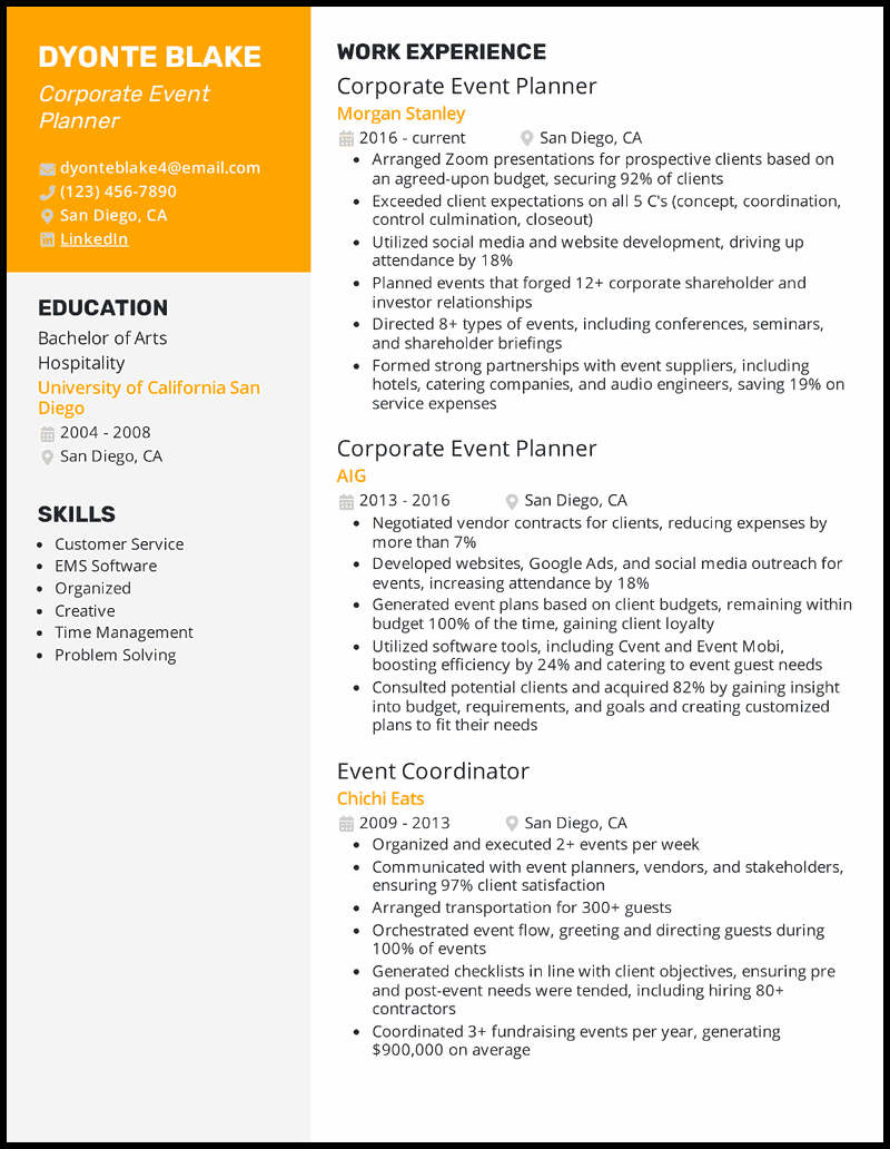 Special Event Coordinator Resume Sample