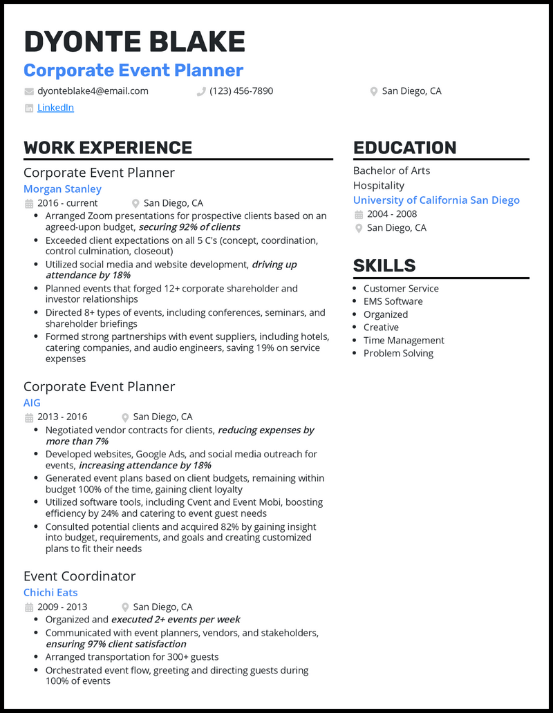 3 Corporate Event Planner Resume Examples For 2024   Corporate Event Planner Standout Resume Example 