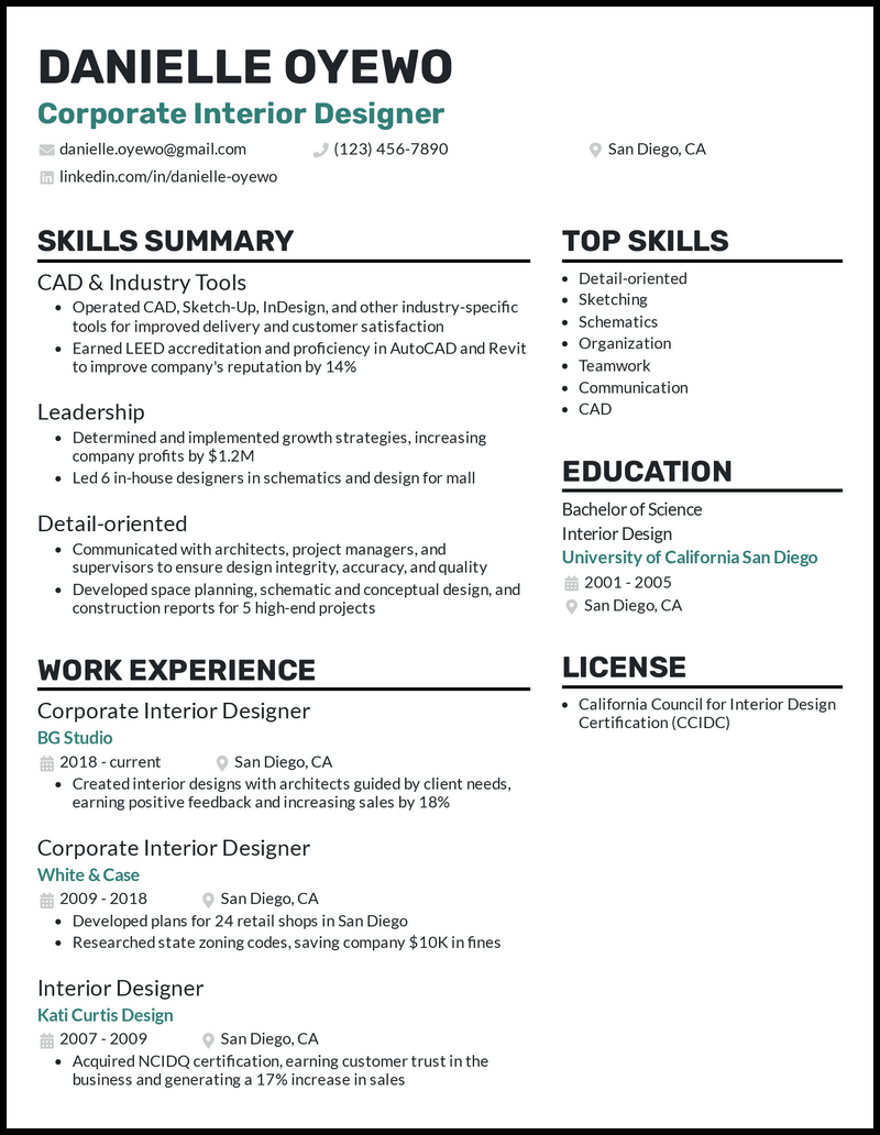 Combination/hybrid corporate interior designer resume example with 14 years of experience