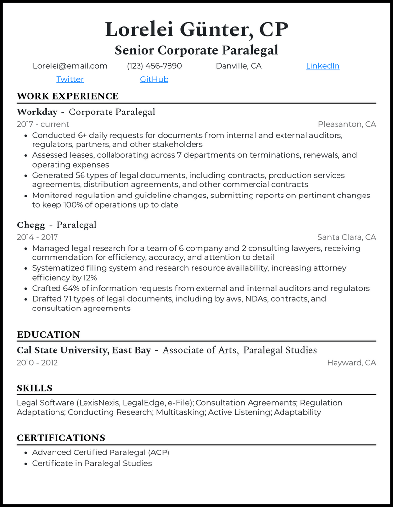 Elegant corporate paralegal resume example