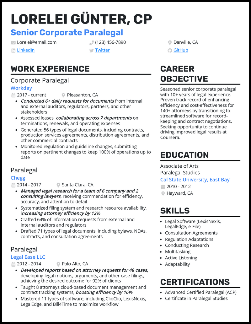 Corporate paralegal resume example with 5+ years experience