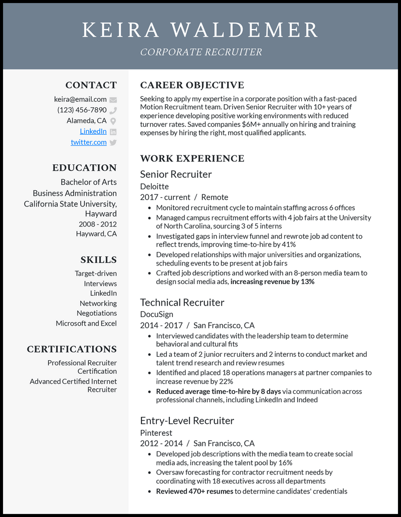 Elegant corporate recruiter resume example