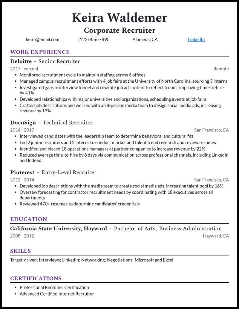 Clean corporate recruiter resume example