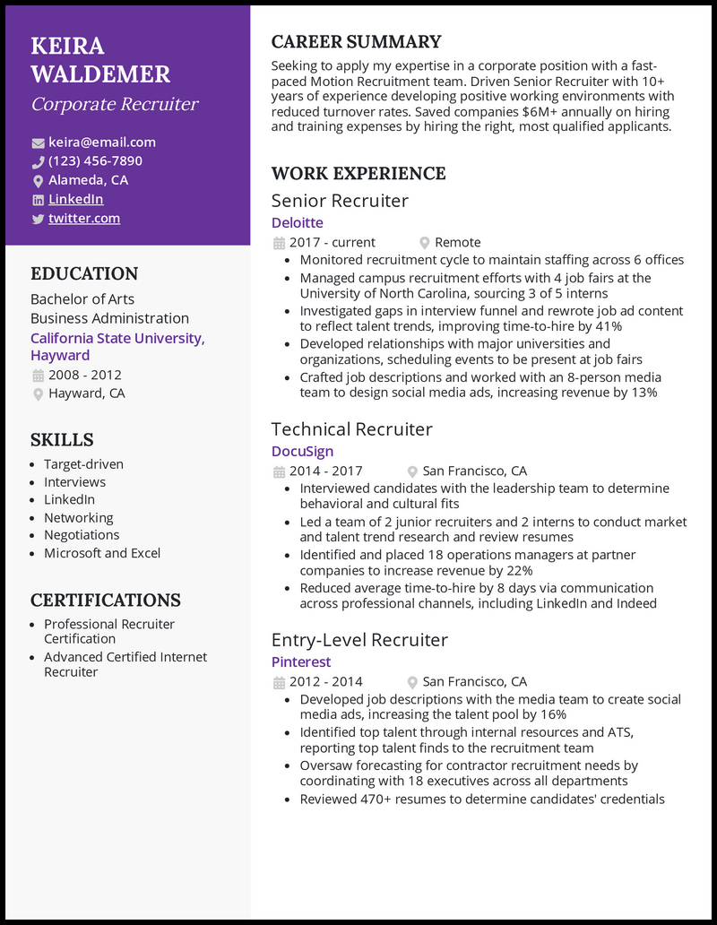 Corporate recruiter resume example with 10+ years of experience