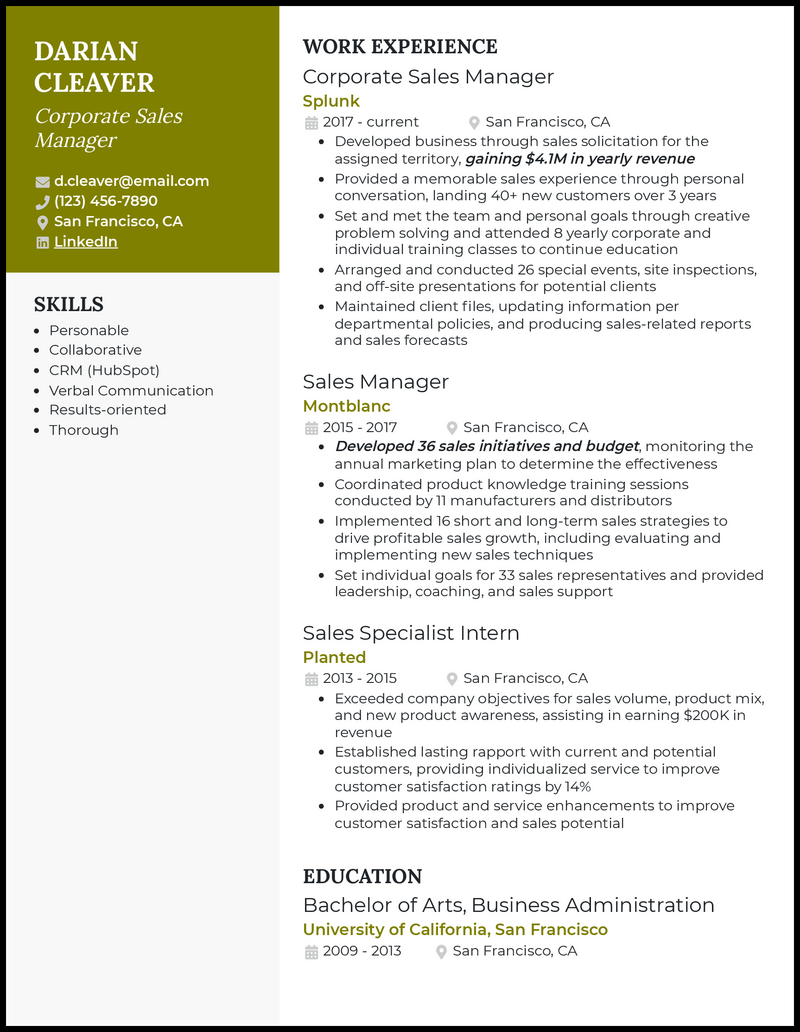 Corporate sales manager resume example with 4+ years experience