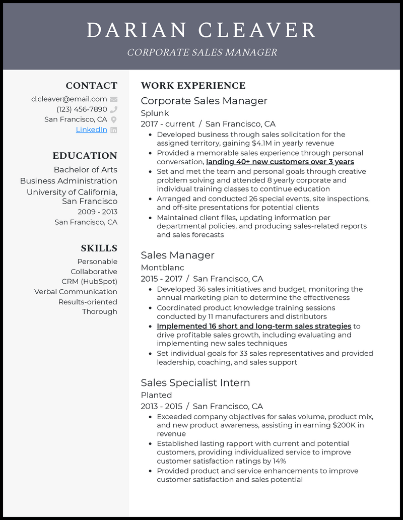 Formal corporate sales manager resume example with 4+ years experience