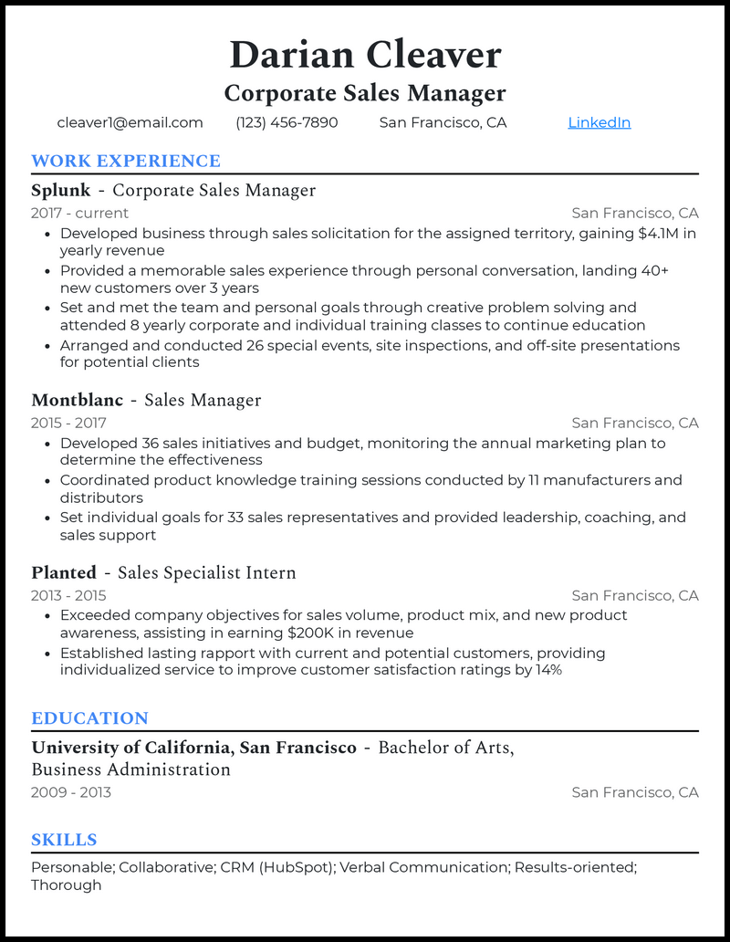 Elegant corporate sales manager resume example with 4+ years experience