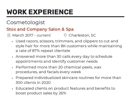 Cosmetology work experience section on resume example