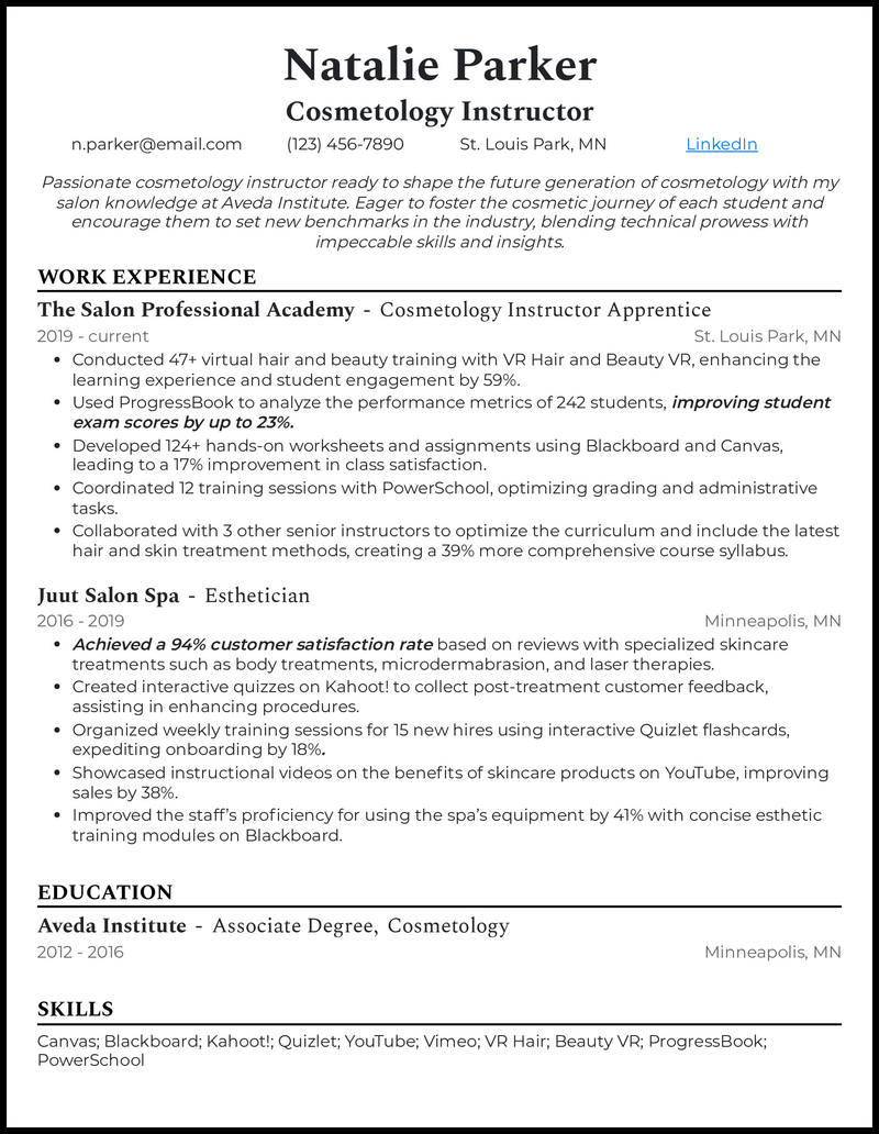 Cosmetology instructor resume example with 3+ years of training experience