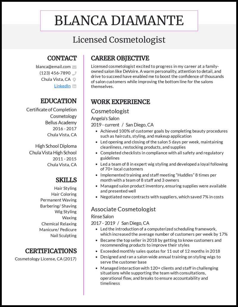 Cosmetology Resume Examples Beginners