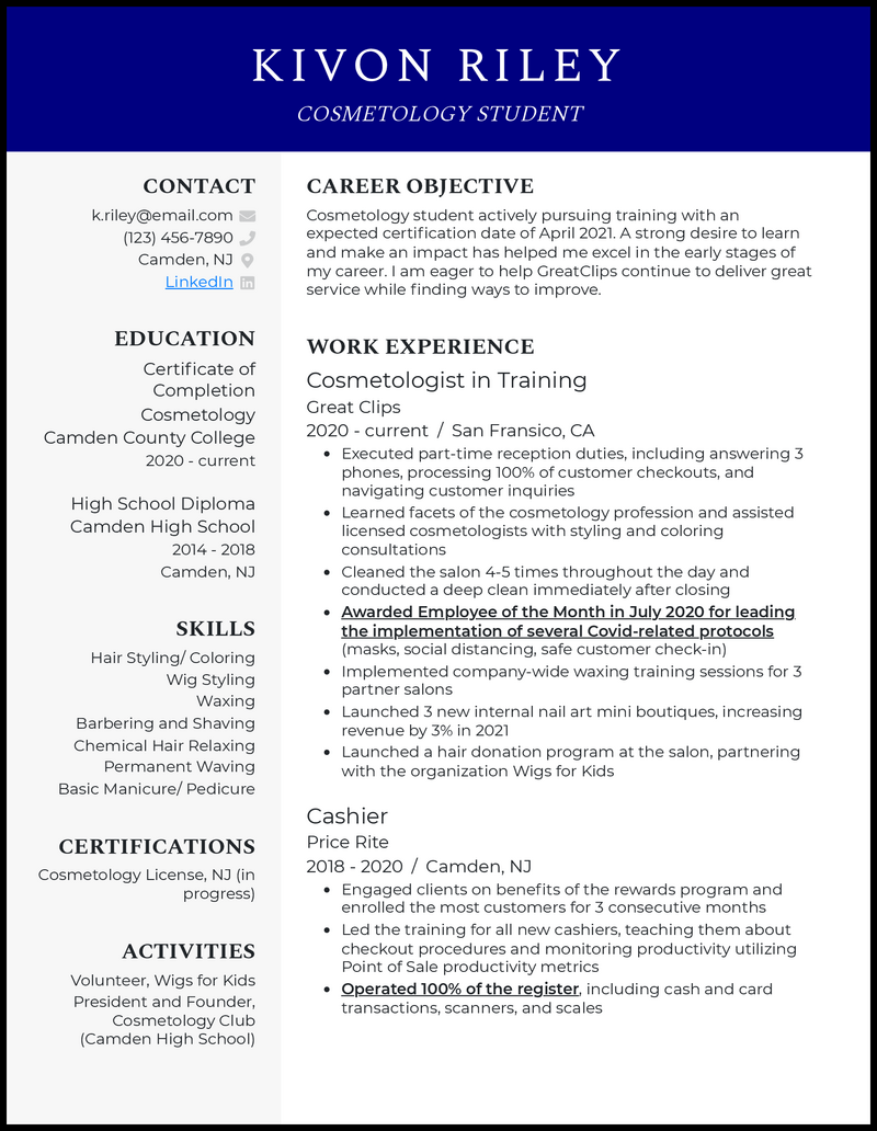 Formal cosmetology student resume example with 6+ years experience