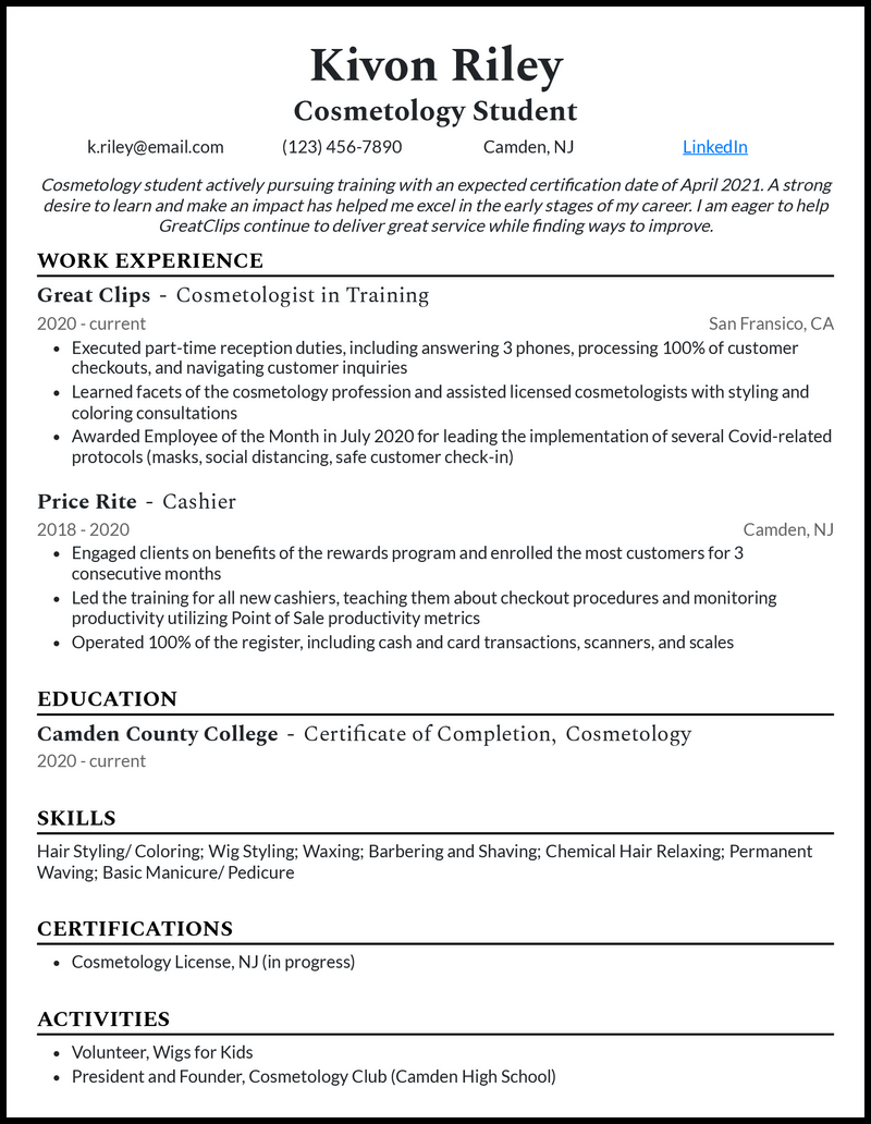 Elegant cosmetology student resume example with 6+ years experience