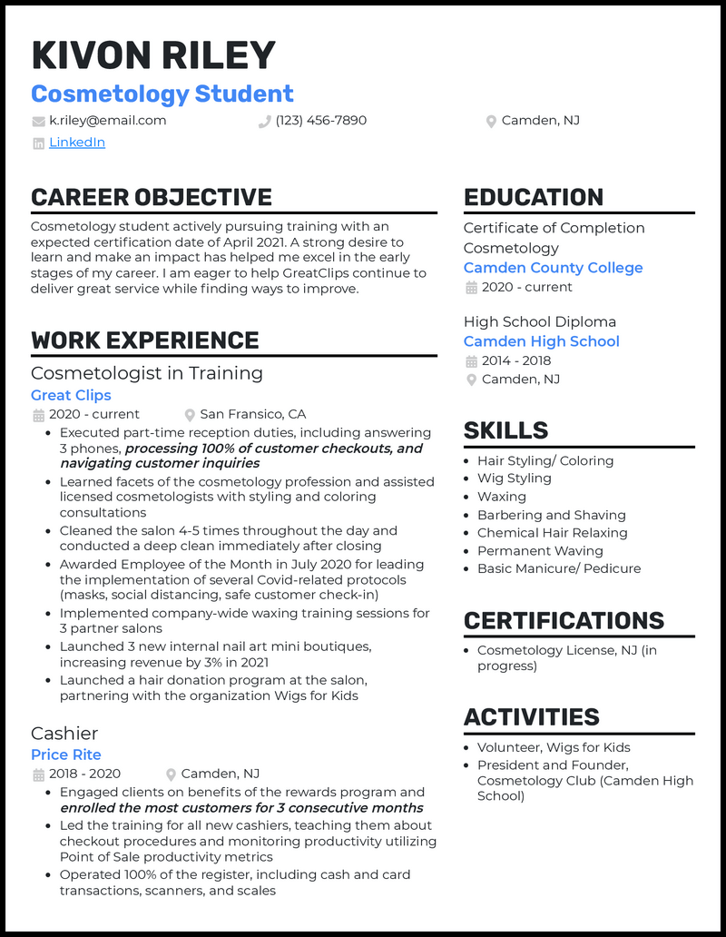 Cosmetology student resume example with 6+ years experience