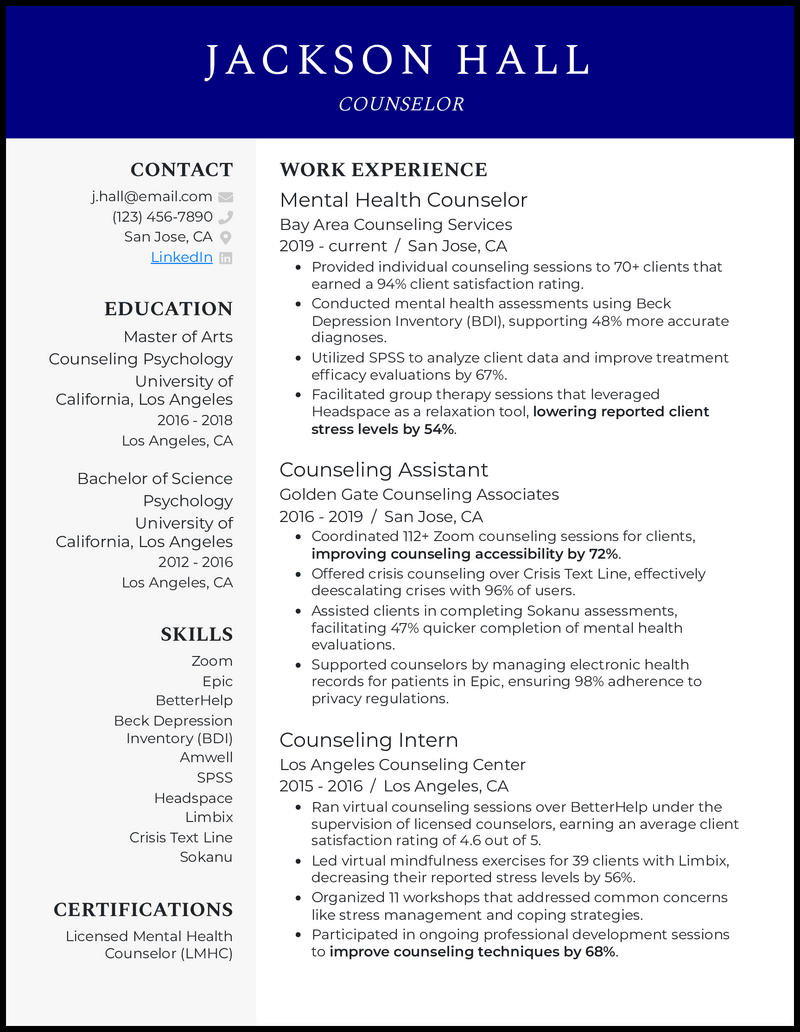 Counselor resume example with 8 years of experience