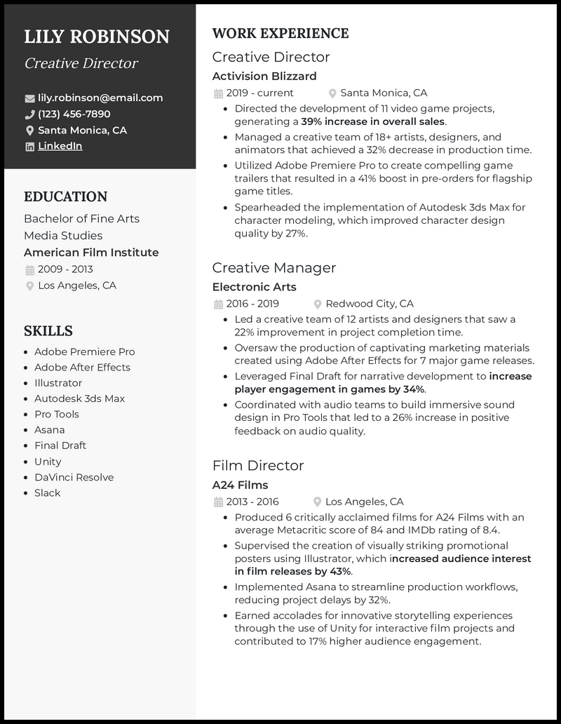 Creative director resume example with 10 years of experience