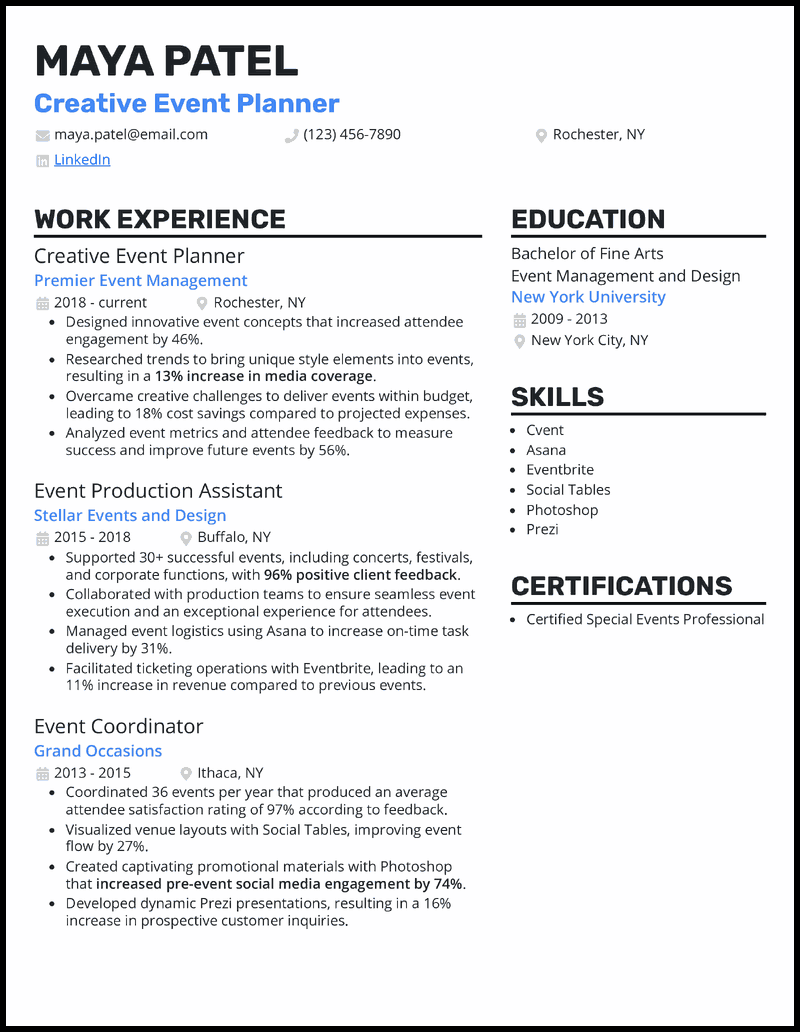 Creative event planner resume example with 10 years of experience