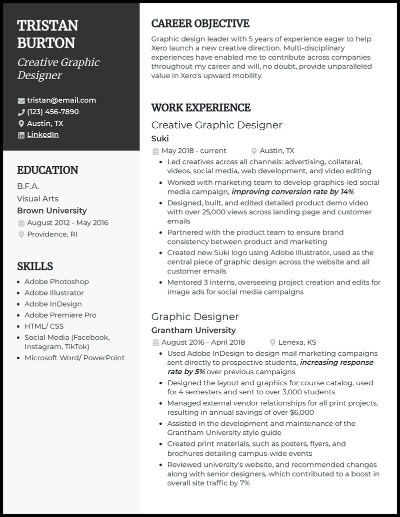 Creative graphic designer resume example with 8+ years experience