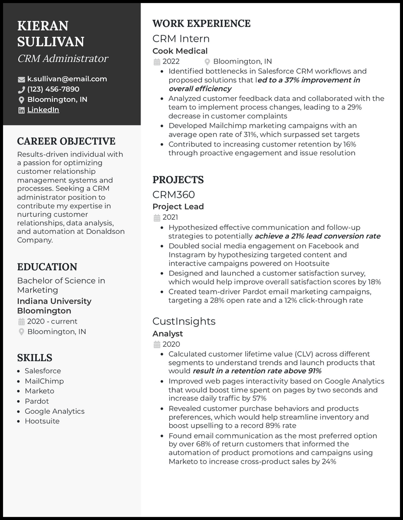 CRM resume example with internship experience