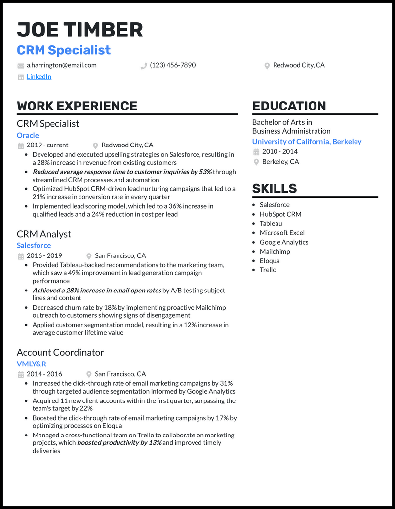 CRM Specialist resume example with 9 years of experience