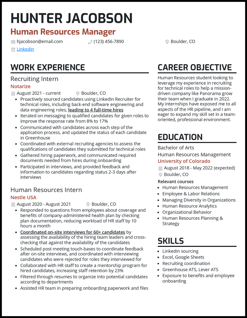 Modern current college student resume example with 5+ years experience