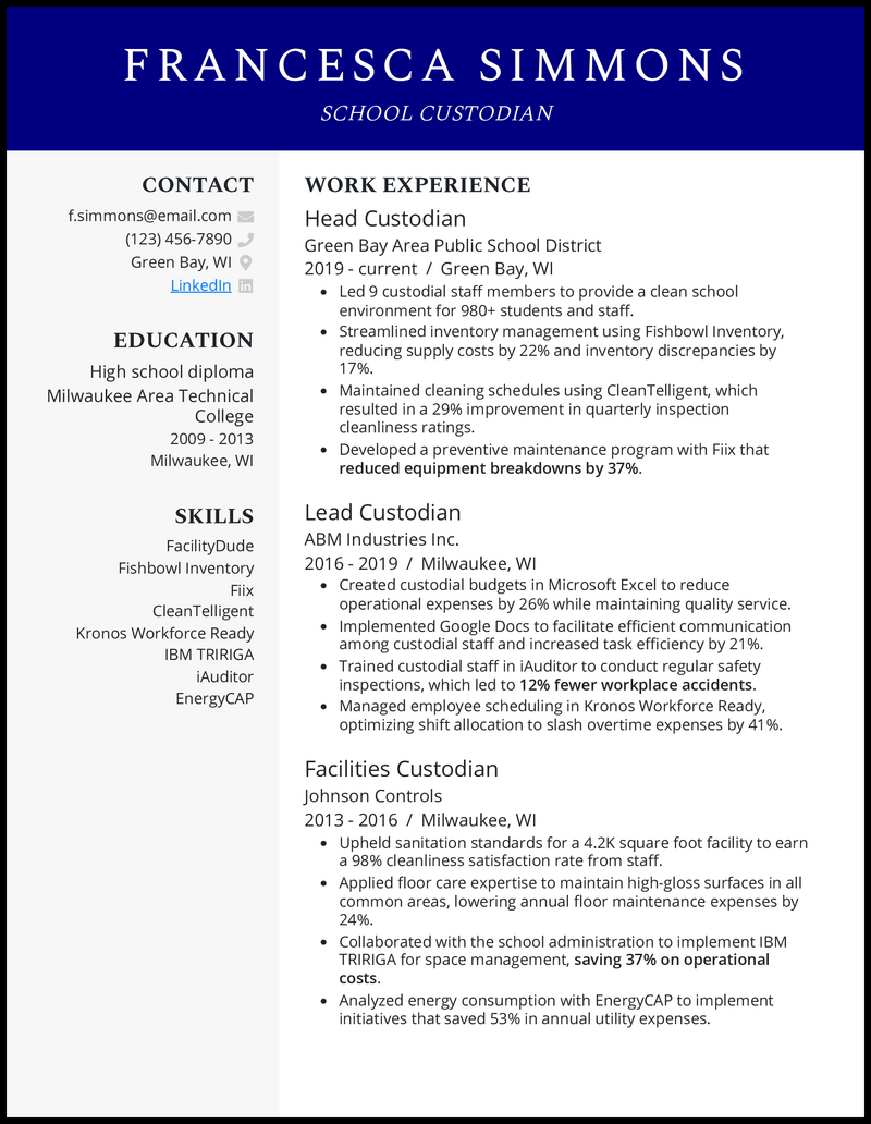 Custodian resume example with 10 years of experience