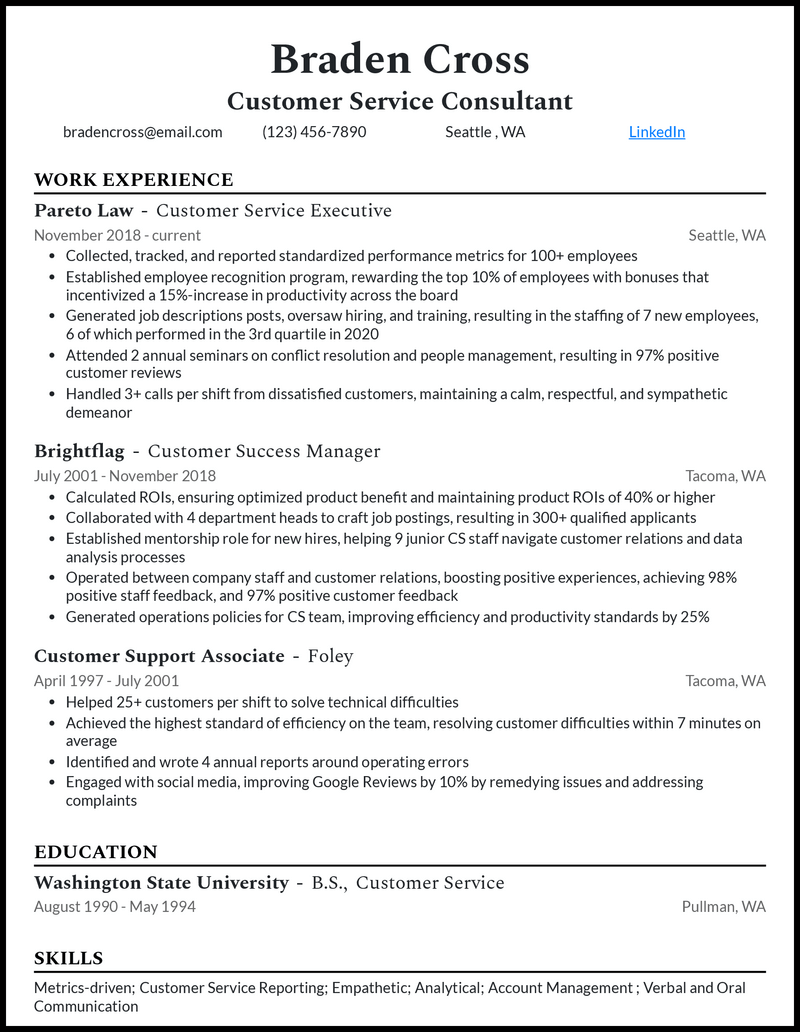 Professional custom service consultant resume example with 5+ years experience