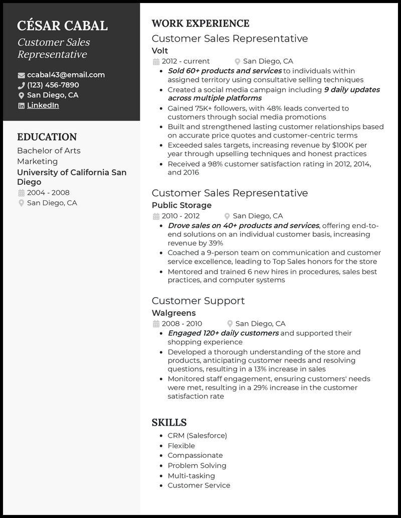 Customer sales representative resume example with 6+ years experience