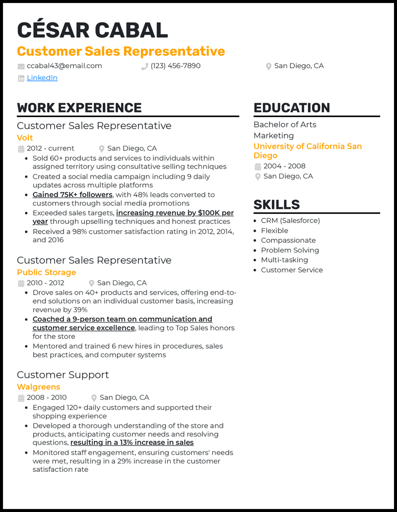 Professional customer sales representative resume example with 6+ years experience