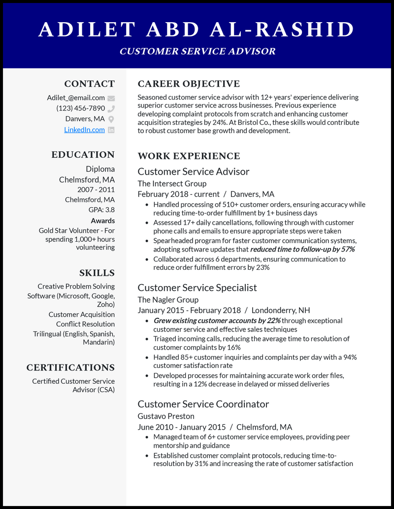 service advisor resume skills