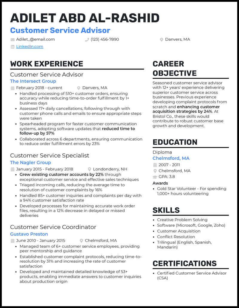 Modern customer service advisor resume example with 6+ years experience