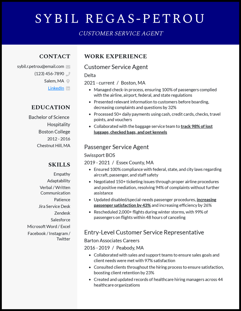 Modern customer service agent resume example with 4+ years experience