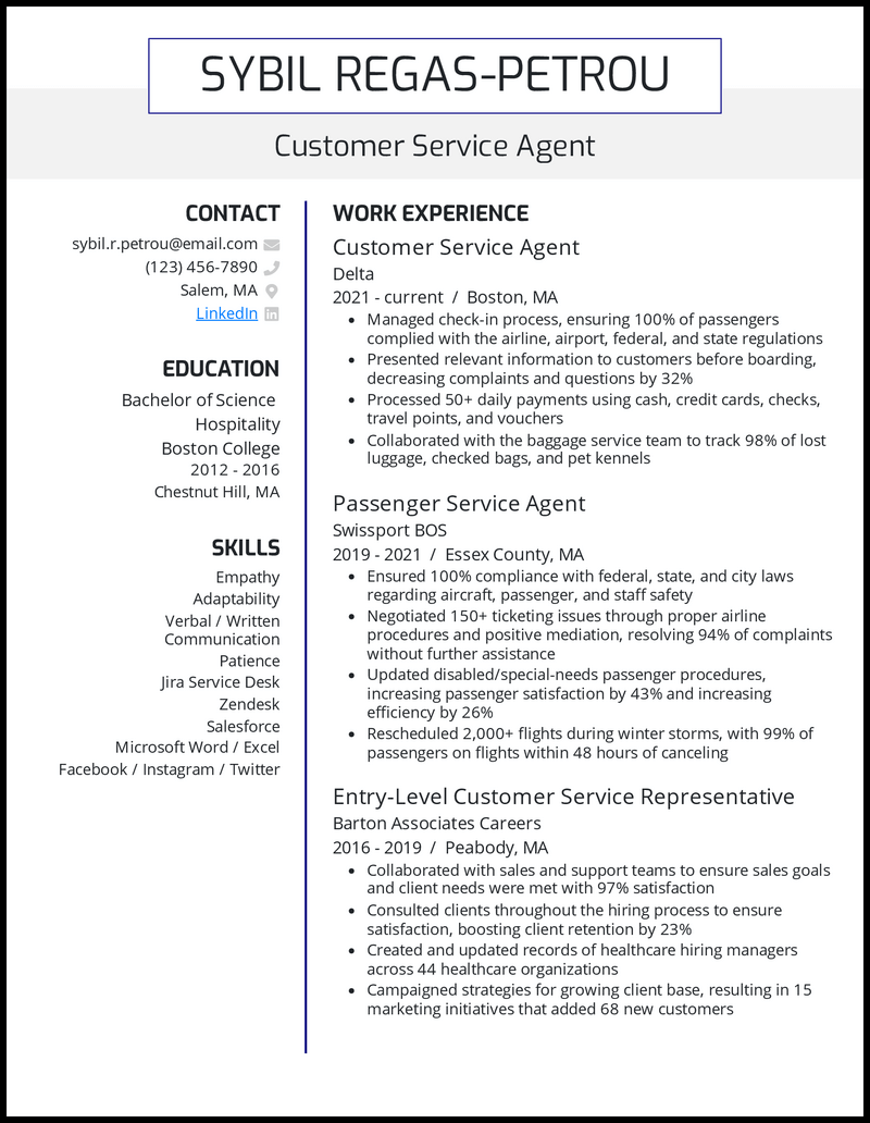 Customer Service Agent Resume Example with 7 years experience