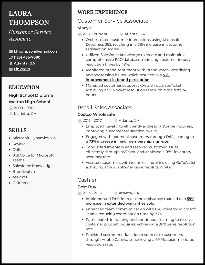 Customer service associate 2 resume example with 6 years of experience